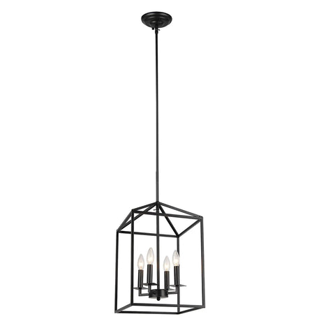 Four Light Lantern Pendant Lamp With Iron Openwork Frame For Island Kitchen And Foyer Black Finish 12.5 Inch Ceiling Fixture