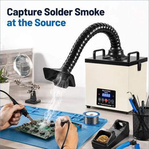 Solder Fume Extractor For PCB Soldering And Electronics Repair 105W Brushless Motor Delivers 155 CFM in action at a workstation