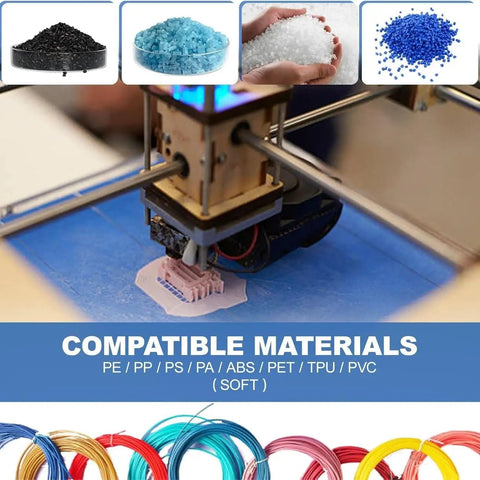 Crush Plastic Pellets Into Premium Quality 3D Printer Filament With This Plug And Play Powerhouse Desktop Extruder Boasting Smart Dual Zone Heating For TPU ABS PET PVC, showcasing compatible materials.