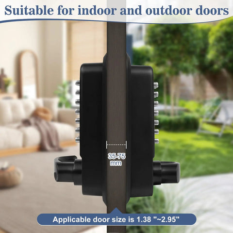 Badass Heavy Duty Stainless Steel Keyless Gate Lock With Handle Outdoor Fence Waterproof Black display on wood door with sizing details.