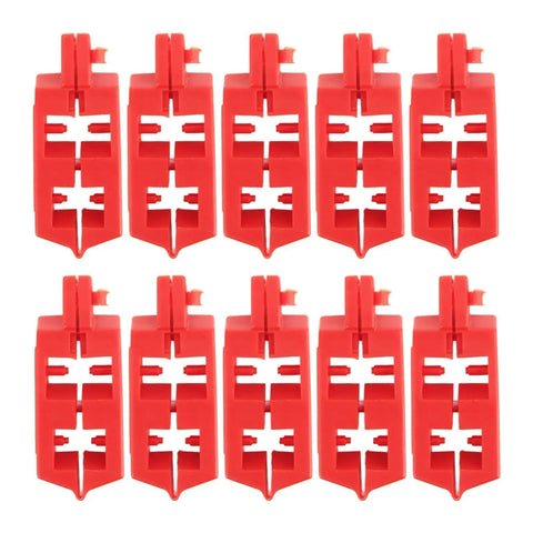 Heavy Duty Circuit Breaker Lockout Kit 10 Pack Snap On Safety LOTO Gear For Electrical Panels red plastic clamps arranged in rows.