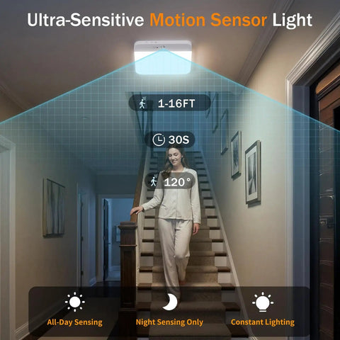 Rechargeable Motion Sensor LED Ceiling Light No Hassle Remote Included illuminating staircase area