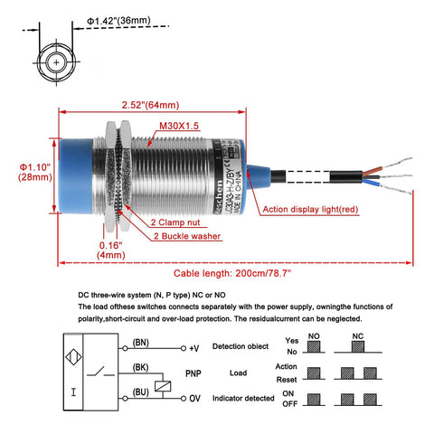 Diagram of M30 Capacitive Proximity Sensor Switch Non Shield Type LJC30A3 H Z BY with dimensions and cable details