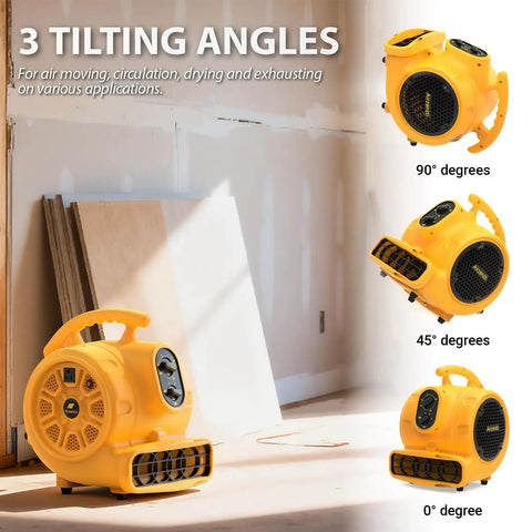 Heavy Duty Floor Blower Beast With 1100 CFM 1/4 HP 200W 115V For Carpet Drying And Water Damage Restoration, shown at different tilting angles.