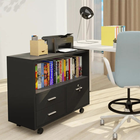Slick Three Drawer File Cabinet With Secure Lock, Smooth Rollin Office Storage Unit Packed With Handy Shelves And Tough Printer Stand, Matte Black Build With No Sweat Assembly with printer and books.
