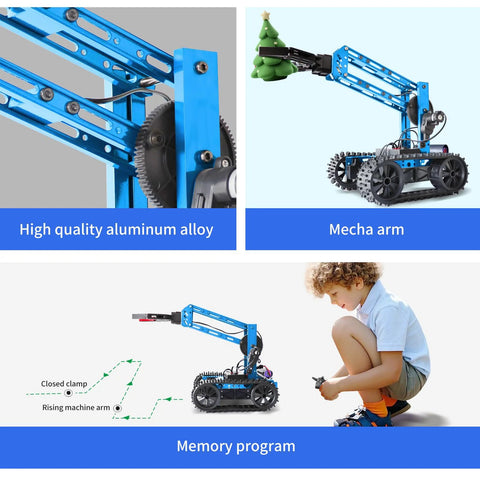 Kids STEM robotic arm kit with blue metal parts and child playing