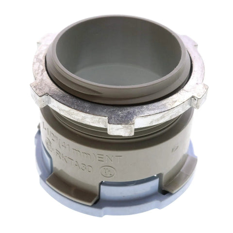 No Sweat Non-Metallic ENT Quick Snap Connector With Heavy Duty Lock Nut One Half Inch Gray Fifty Pack showing interlocking design for electrical conduits.
