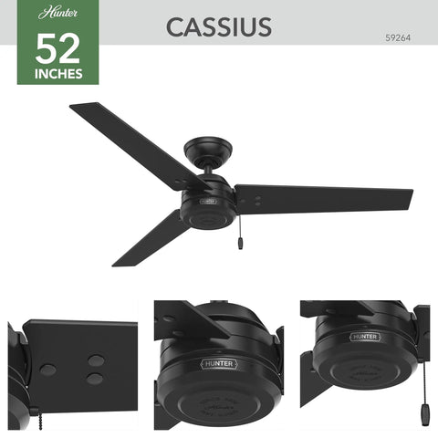 52 Inch Damp Rated Ceiling Fan With Reversible Blades Three Blades Matte Black No Light For Patio Porch Garage Or Living Room Pull Chain Standard Mount Indoor Outdoor Use, close-up details and branding