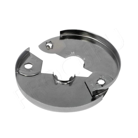 Chrome Hinged Split Escutcheon for 1/2 in CTS pipes, 5/8 in OD, showing screw holes and open hinge, part of 4 pack set