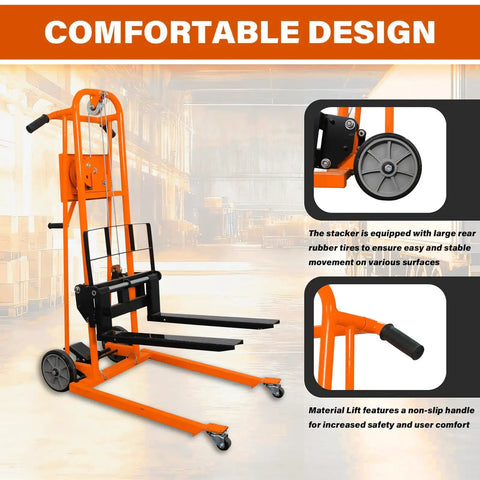Heavy Duty Manual Winch Material Lift Stacker with rubber tires, non-slip handle, for easy movement in warehouses.