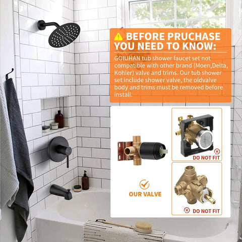 Beefy Matte Black Tub Shower Faucet Kit Featuring Top Shelf High Pressure Rainfall Spray For Dead Simple Bathroom Upgrades And Knockout Smooth Water Flow Straight Up Reliable Plumbing Fix In Any Home with valve and trim details.