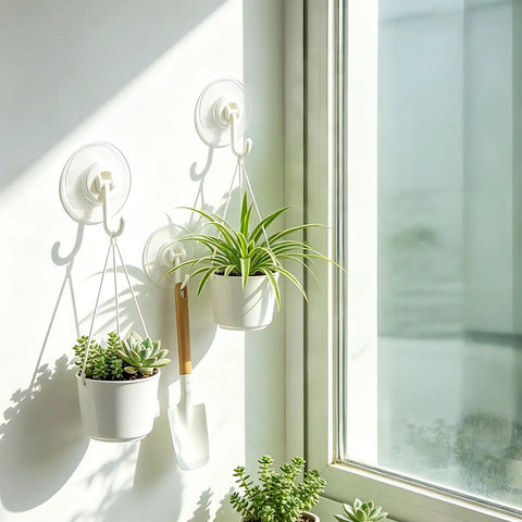 Eight Pack Of Solid White Adhesive Ceiling And Wall Hooks Delivers Zero Sweat Damage Free Mounting To Keep Your Living Area Clean While Hangin Lightweight Decor String Lights And Daily Gear holds potted plants in bright window light.