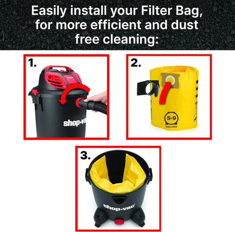 High Efficiency Disposable Vacuum Filter Bags For 5 To 9 Gallon Tanks Heavy Duty Filtration For Drywall Dust Cement Dust And Cold Ash Easy Install Pack Of 2 installation steps