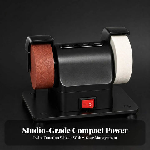 Compact Mini Bench Grinder With Low Vibration Design Runs Like A Champ For Sharpening And Polishing Jobs on a black background.