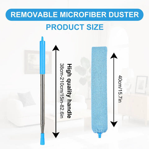 Retractable Gap Duster With Microfiber Dusting Cloths showing size dimensions for handle and cloth in home setting