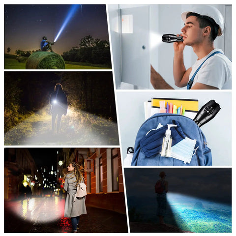 Collage showing Two Pack 1000 Lumen LED Flashlight Set For EDC in various outdoor and indoor uses, highlighting versatility.