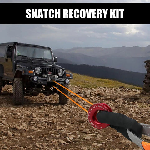 Beefy Snatch Block Ring Winch Pulley Recovery Kit With One Half Inch Soft Shackle Three Inch By One Hundred Eighteen Inch Tree Saver Strap For Off Road UTV ATV And Trucks 41000 Lb Ring Strength Red Ring And Red Shackle 45000 Lb Strap, red ring and strap on Jeep recovery scene