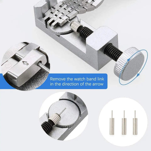 Close-up of 6-Piece Watch Band Link Remover Tool Kit With Spring Bar Tool And Replacement Pins for metal watch bands