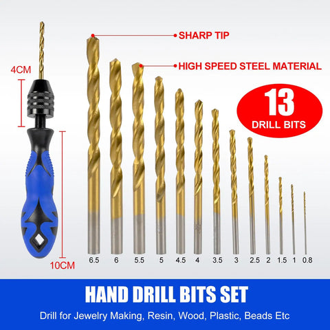 Adjustable Pin Vise Hand Drill Kit With 13 Pcs HSS Drill Bits 0.8mm To 6.5mm for Wood Jewelry Plastic Beads and Craft Projects