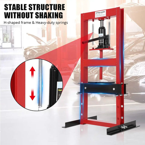 6 Ton H Frame Hydraulic Press With Adjustable Table And 2 Press Plates shown in a garage setting