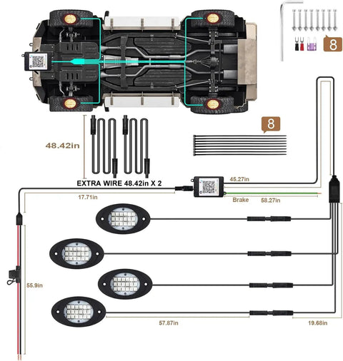 Diagram of 4 Pod RGB LED Rock Lights Underglow Kit With Multicolor Neon Glow App Control And Music Mode Wheel Well Lights installation.