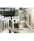 Matte Black Glass Railing System With Durable Stainless Steel Balustrade And Glass Panels for indoor stair and outdoor deck use.