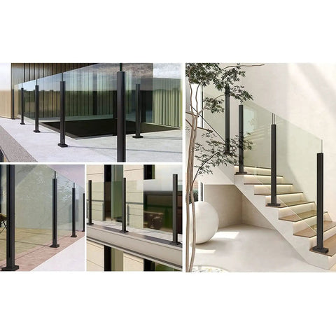 Sleek Matte Black Glass Railing Posts With Heavy Duty Stainless Steel Cores For Indoor Outdoor Decks Balconies And Pools, showcased in various settings.