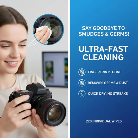 Lens cleaning wipes, 220-count, individually wrapped; person cleans camera lens.