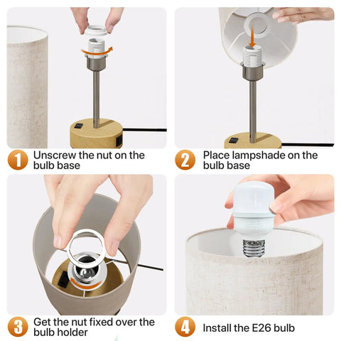 Assembly steps for Bedside Lamp With USB A And C Ports And AC Outlet, 3 Way Dimmable Touch Lamp, Linen Fabric Shade, E26 Bulb