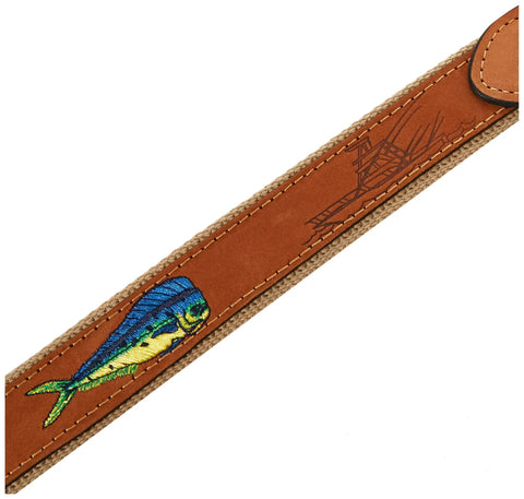 Womens Embroidered Leather Belt With Dolphin Motif Nubuck Finish Brass Buckle Water Resistant Cotton Webbing Tan Buff Detail