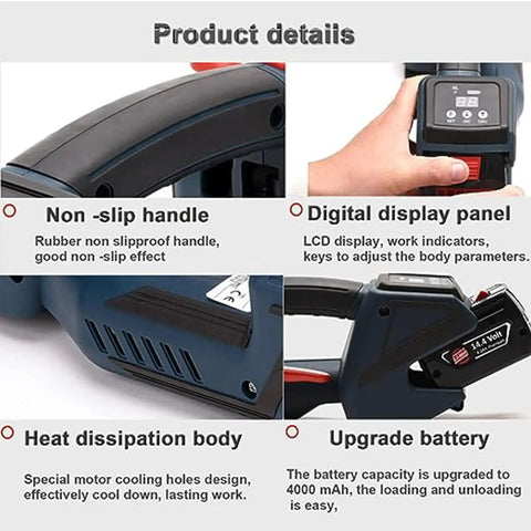 Product details of Heavy Duty Electric Strapping Tool For 13Mm To 16Mm Pp Pet Straps showcasing its non-slip handle and digital display.