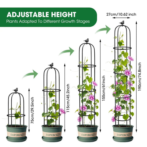 Double Pack Garden Obelisk Trellis For Climbing Plants Outdoor 6.2 Ft Support Cage shown with adjustable height options