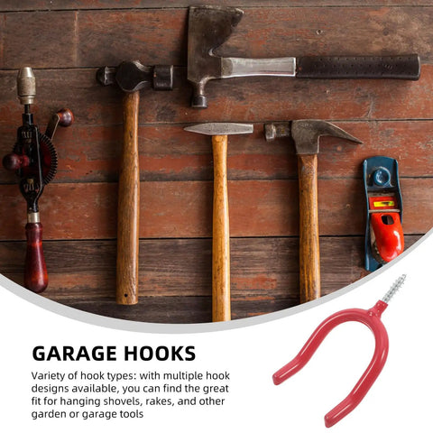 Real Deal Heavy Duty U Shaped Garage Storage Hooks For Shovels And Rakes Vinyl Siding Screw In Metal Wall Mount Hangers next to tools.