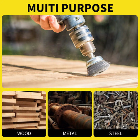 Four Pack Drill Wire Cup Brushes With 1/4 Inch Hex Shank 0.010 Inch Carbon Steel Coarse Attachments in action on wood, metal, steel