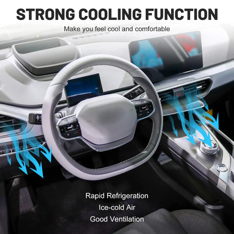 Interior view of a car showing ventilation and cooling features, highlighting the strong cooling function.