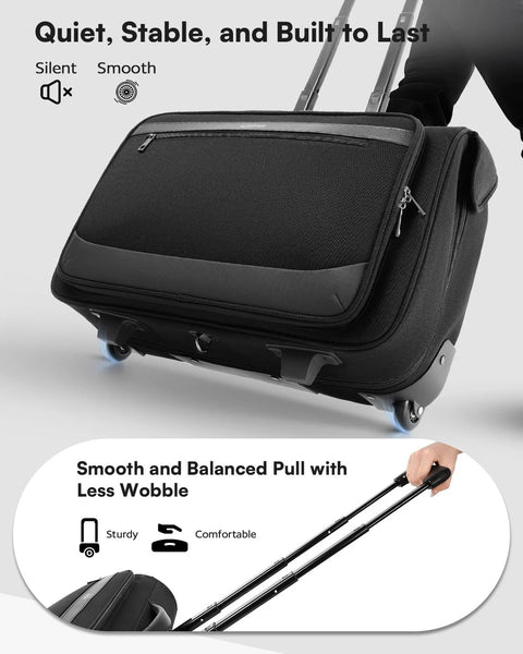 AUROTIER rolling garment bag with wheels, black fabric, front zip pocket, hanging feature, and 17-inch laptop compartment.