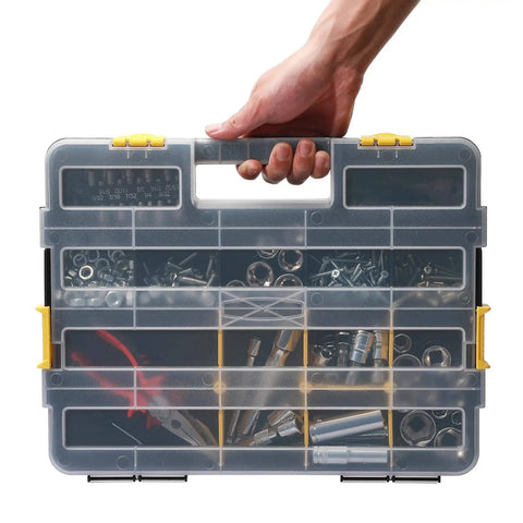 Stackable Plastic Toolbox Organizer Set of 2 Interlocking Design Clear Lids Grab and Go Compartments for Screws Nails Hardware