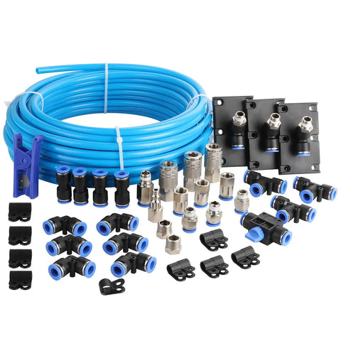 Air Line Kit For Garage Three Eighths Inch By 60 Feet Nylon Tubing With 200 PSI Rating Includes Cutter Tees Mounting Clips Connectors 49 Piece Pro Grade Master Set All In One Air Compressor Accessories For Longer Runs And Easy Installations