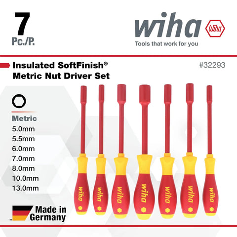 Nine Piece Pro Grade 1000 Volt Insulated Metric Nut Driver Set With SoftFinish Cush Grip, 7 metric sizes, Made in Germany