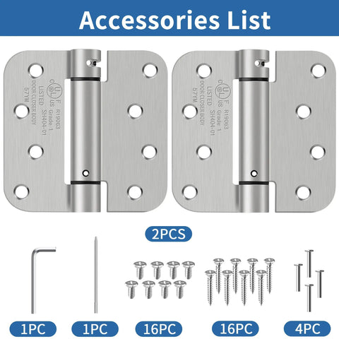 Rock Solid Self Closing Door Hinges Heavy Duty 4 Inch Spring Loaded Build Featuring 5 8 Inch Radius Corners accessories list with screws and tools.