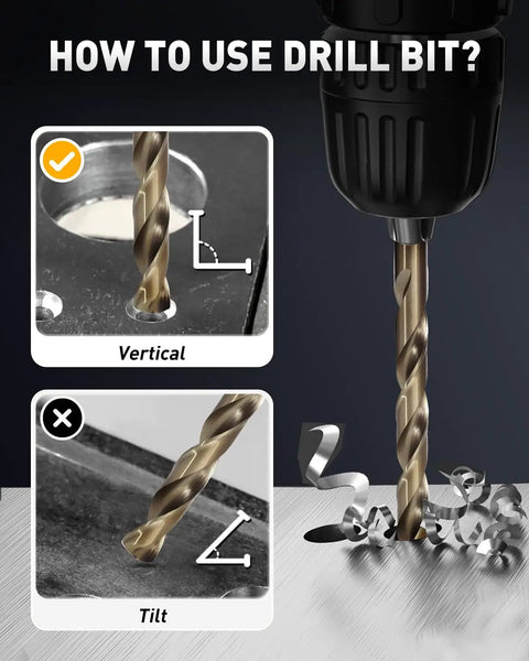 Beefy 15Pc M35 HSS Drill Bit Set With 1/16 To 3/8 Inch Bits in use demonstrating vertical and tilted drilling with metal shavings.