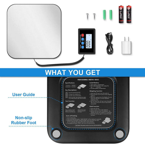 Super Sturdy Digital Postal Scale That Can Handle Packages Up To 440 Pounds With Accurate Tare And Hold, showing accessories and features.