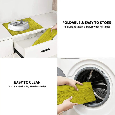 Wood Grain Print Microfiber Dish Drying Mat for Kitchen Counter being folded and placed in drawer, shown as machine washable