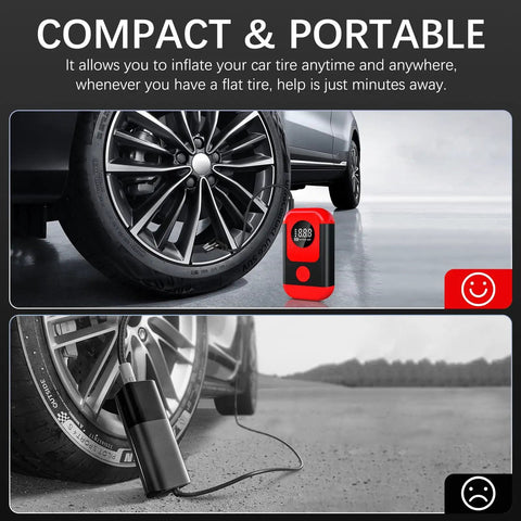 Two images of All In One Portable Tire Inflator And Jump Starter Kit With LED Light next to car tires, showing compact design.