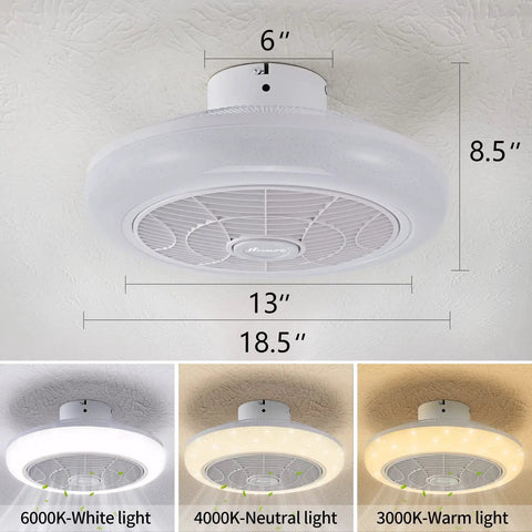 18-Inch Ceiling Fan With Lights Remote Control, 3 Color Temperature Options, 6 Speeds, White Low-Profile Flush Mount