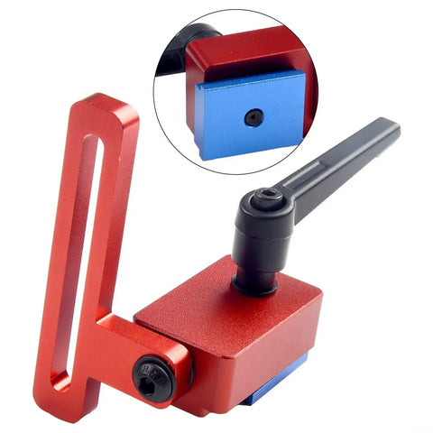 Premium Woodworking T-Slot Stop Limiter With High Accuracy Aluminum Alloy Construction To Nail Exact Chute Lengths And Crush Repeatable Cuts On Standard 30mm Tracks Every Single Time, showing a red and blue hand tool.