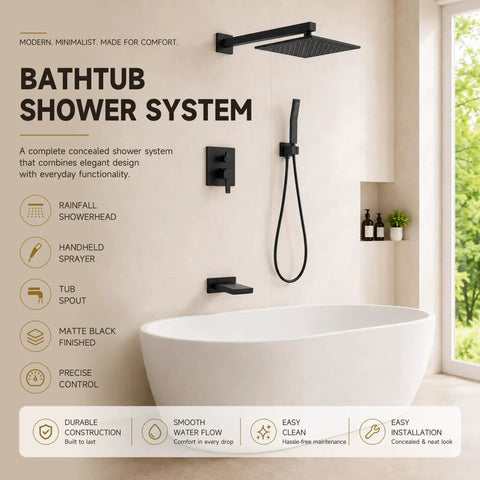 Top Shelf Heavy Duty All Metal Shower System With Tub Spout And Matte Black Finish Featuring Rock Solid 10 Inch Rain Head And Handheld Sprayer Built With Durable Valve installed in modern bathroom.