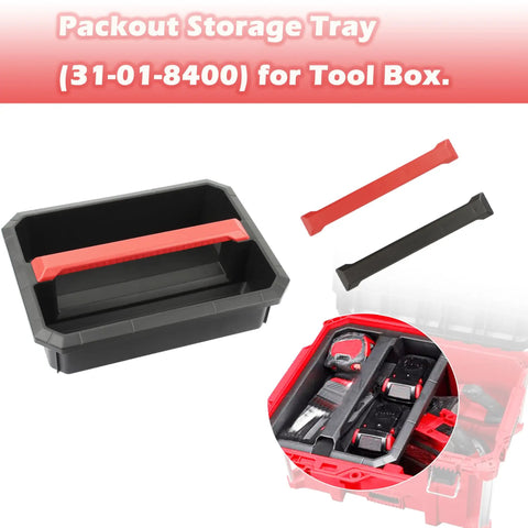 Premium 22 Inch Packout Tool Tray Compatible With Milwaukee Tool Boxes - Hella Durable Replacement Rack, black organizer with red handle.