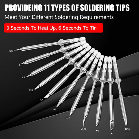 11-piece Mini Soldering Iron Tips Set For TS100, stainless steel, shown with various tip shapes for precise electronics and micro soldering.