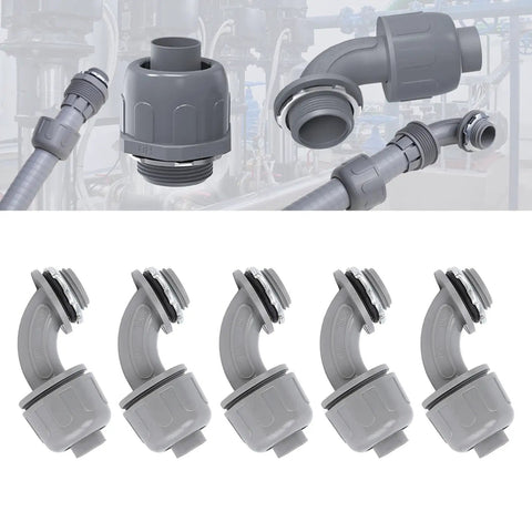 20 Pack Liquid Tight Connectors 3/4 Inch NPT 90 Degree PVC Conduit Fittings showcasing flexible cable routing and sealed ends.